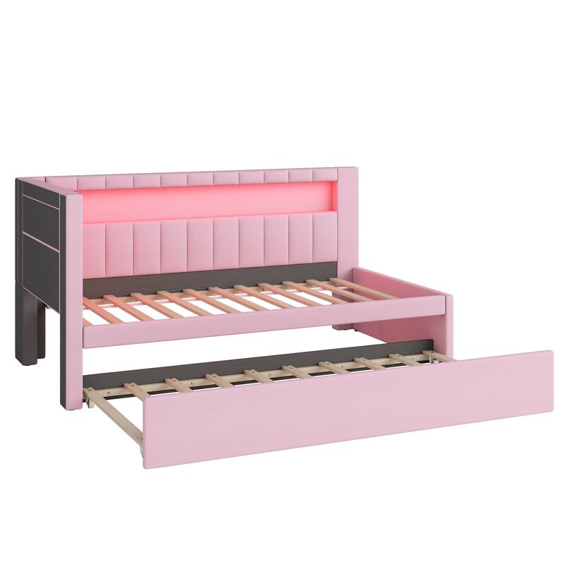Twin Size Upholstered Platform Bed with USB Ports, LED Lighting, and Trundle in Pink