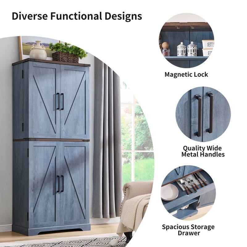 Farmhouse Wood Pantry Cabinet with Barn Doors, Adjustable Shelves