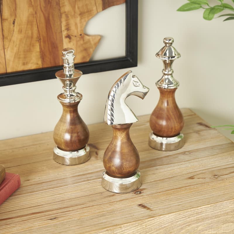 Aluminum Metal Chess King, Knight, Bishop Sculpture - Set of 3 Brown or Grey - Roche River Decor