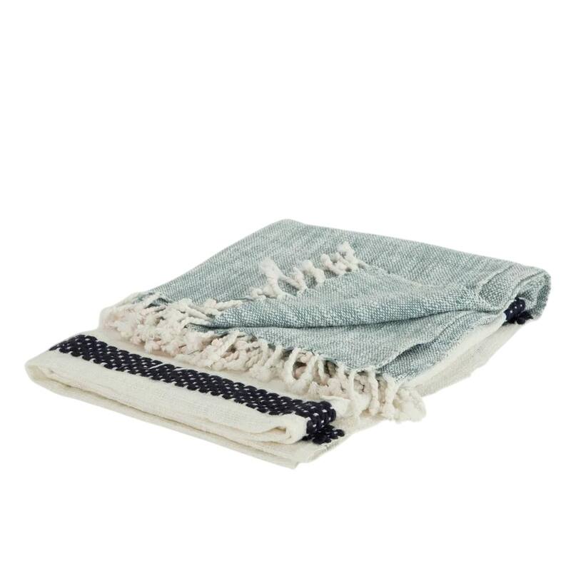 HomeRoots 50" X 60" Blue And Ivory Cotton Woven Color Block Throw Blanket with Fringe