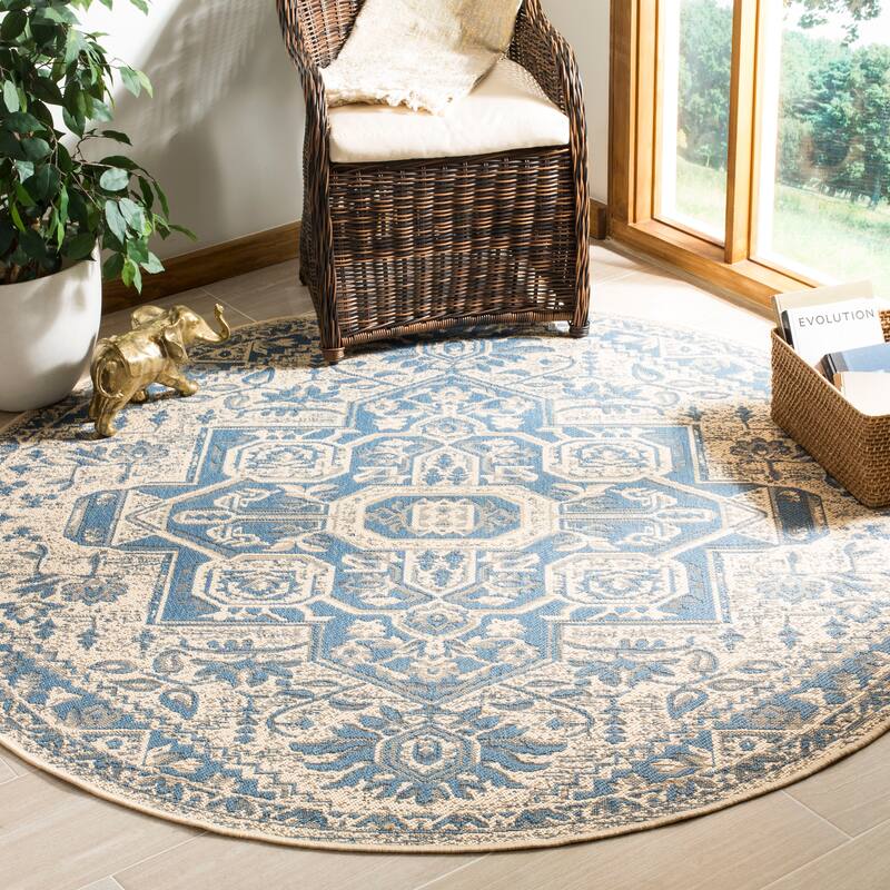 SAFAVIEH Linden Ludmyla Indoor/ Outdoor Waterproof Patio Backyard Rug - 6'7" Round - Blue/Creme