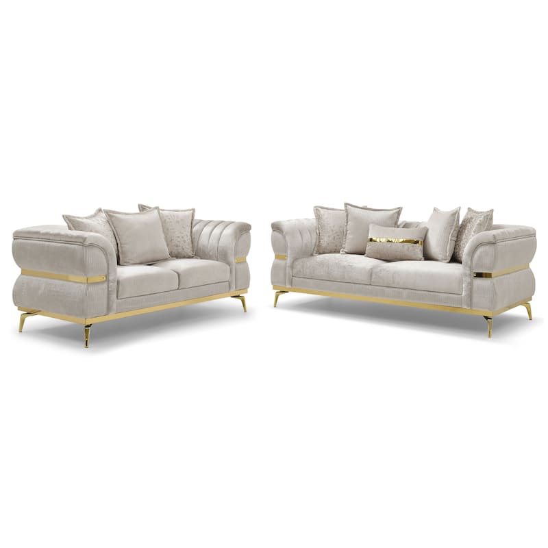Furniture of America Sawer Glam 2-Piece Beige Upholstered Sofa Set with Stainless Steel Frame