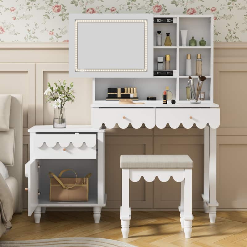 Makeup Vanity Desk With Touch Screen Lighted Sliding Mirror Stool