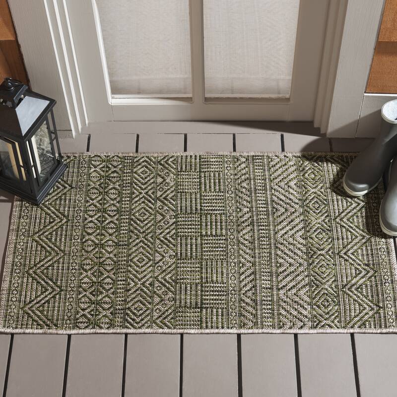 SAFAVIEH Courtyard Rozenn Indoor/ Outdoor Waterproof Patio Backyard Rug - 2' x 3'7" - Grey/Olive Green