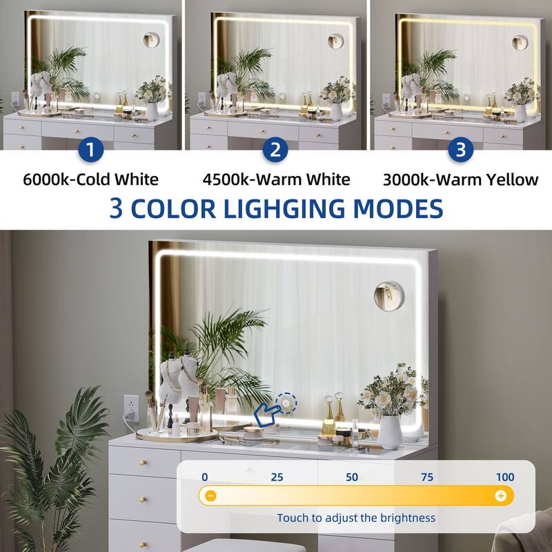 Moasis 9-Drawer Makeup Vanity Set with Stool and Mirror, Glass Top Vanity Desk with LED Lights