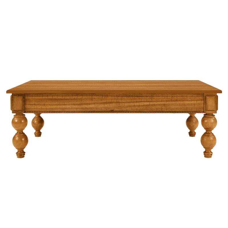 Vintage Cocktail Table Rectangular Wooden Coffee Table with Storage Drawer, Gourd-Shaped Legs and Zinc Alloy Handle