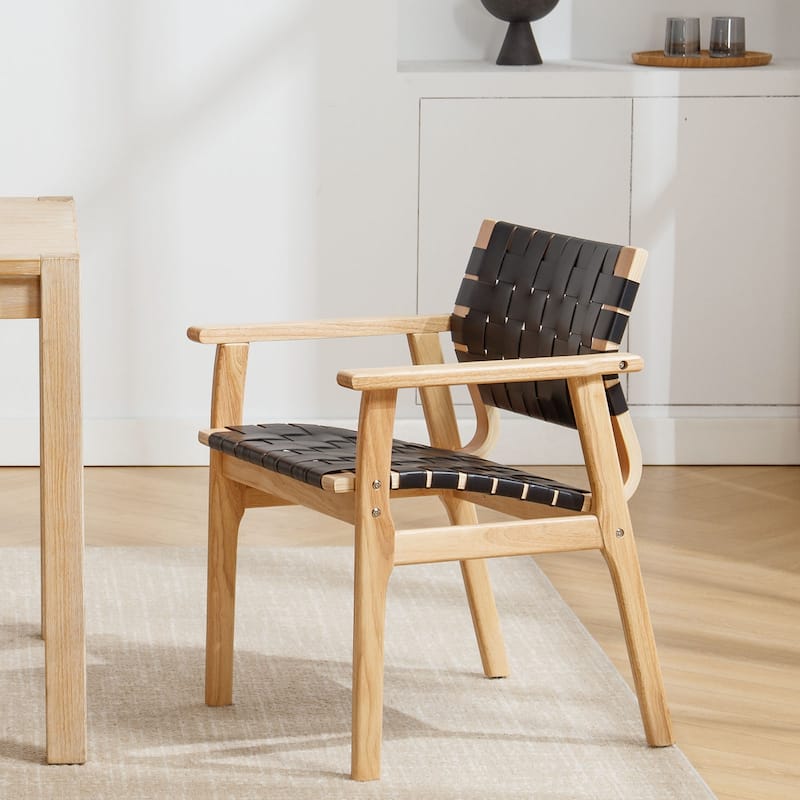 Woven Leather Dining Chairs with Solid Wood Frame - 29.7"H x 21.7"W x 22.8"D