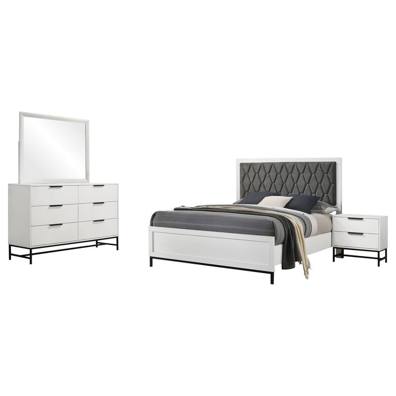 Noro 4pc Queen Bedroom Set, Modern White, Dresser Mirror Nightstand