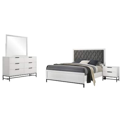 Noro 4pc Queen Bedroom Set, Modern White, Dresser Mirror Nightstand
