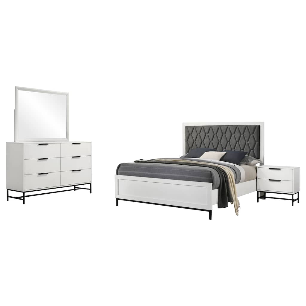 Noro 4pc Queen Bedroom Set, Modern White, Dresser Mirror Nightstand