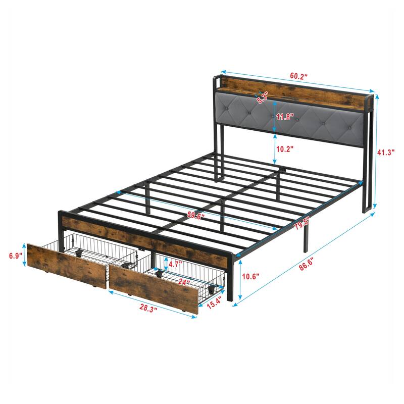 Queen Platform Bed Frame with LED Lights Upholstered Headboard and 2 Drawers, USB & Charging Station, No Box Spring Needed