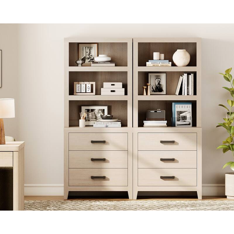 3-Tier Bookshelf with 3 Large Drawers, 74" Tall Farmhouse Bookcase with Wide Metal Handles, for Living Room, Office, Library