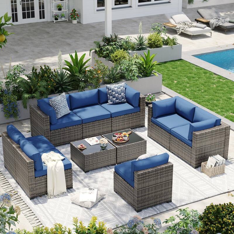 AOXUN Wicker Rattan Outdoor Sectional Sofa Set with Coffee Table - 10 pcs - Grey-Blue