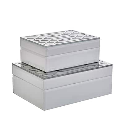 Ec, Set of 2 White, silver Boxes 3.5"H - 9.75" x 7.0" x 3.5"