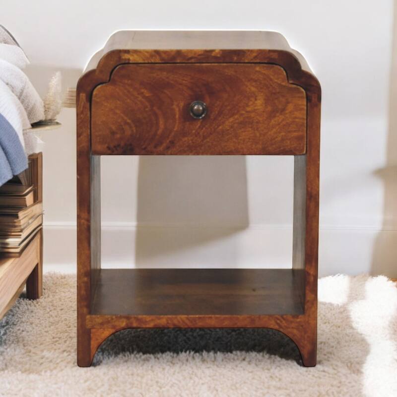 Mini Chestnut Nightstand with Drawer and Open Shelf, Brown - Brown