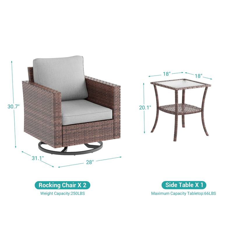 BONOSUKI 3Pcs Patio Swivel Rocking Sofa Set Brown Rattan w/Glass Table