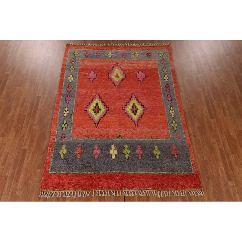 Geometric Moroccan Oriental Area Rug Hand-Knotted Wool Carpet - 7'0" x 9'7"