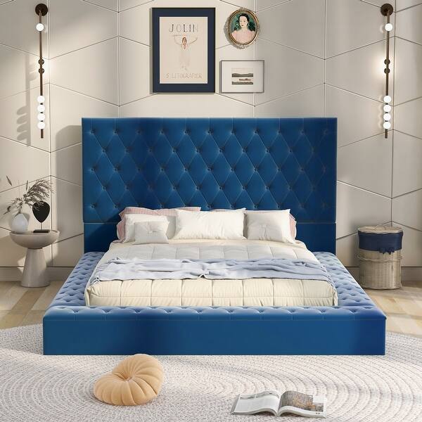 slide 2 of 9, Full Size Upholstery Storage Platform Bed with Storage Space on both Sides and Footboard Blue