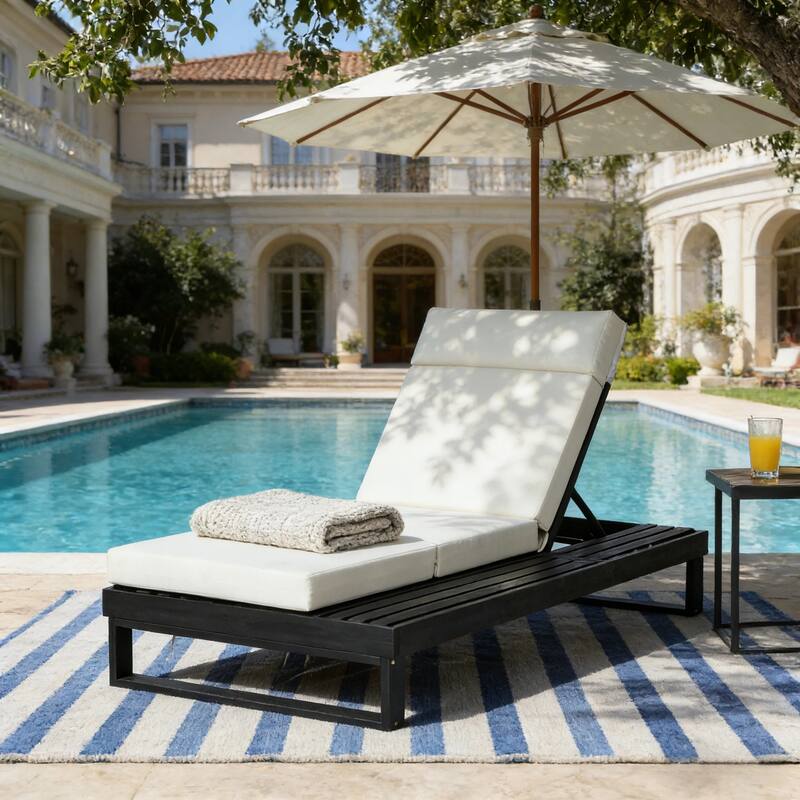 Christopher Knight Home - Modern Outdoor Acacia Wood Chaise Lounge with 4-Position Adjustable Backrest & 4-Fold Cushion