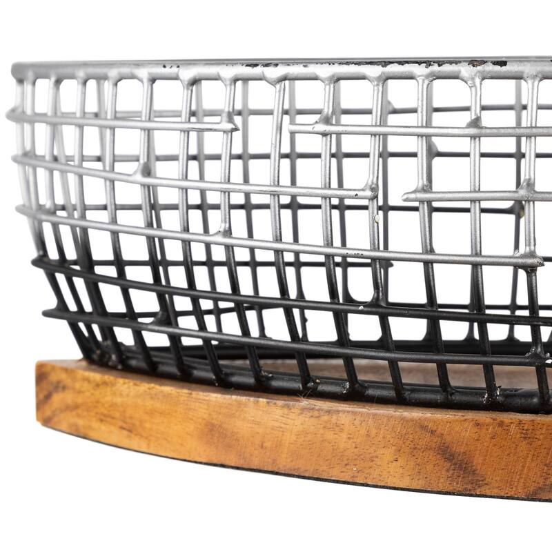 Oblong Iron Baskets with Wooden Base - 15" - Silver and Black - Set of 2