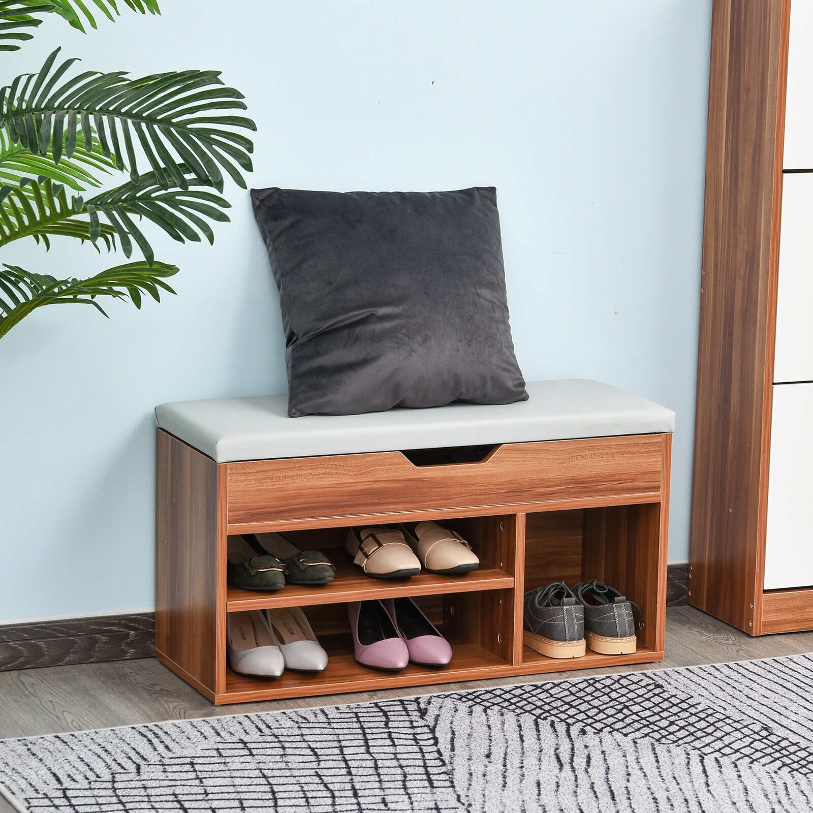 Beech 2 Drawers Hallway Shoe Storage Bench,Shoes Cabinet White//Oak Shoe Rack with Drawer and Seat Cushion Wooden