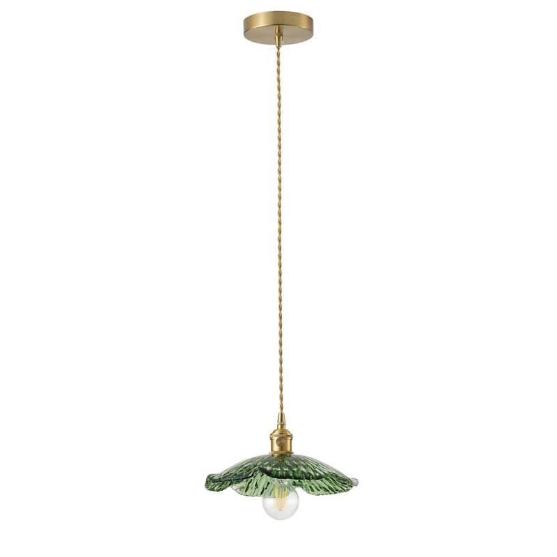 Modern 1- Light Pendant Bottle Green Tinted Glass Shade with Electroplated Brass Finish