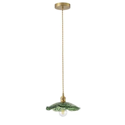 Modern 1- Light Pendant Bottle Green Tinted Glass Shade with Electroplated Brass Finish