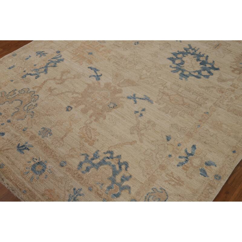 Vegetable Dye Oushak Turkish Rug Hand-Knotted Beige Wool Carpet - 5'0"x 6'7"
