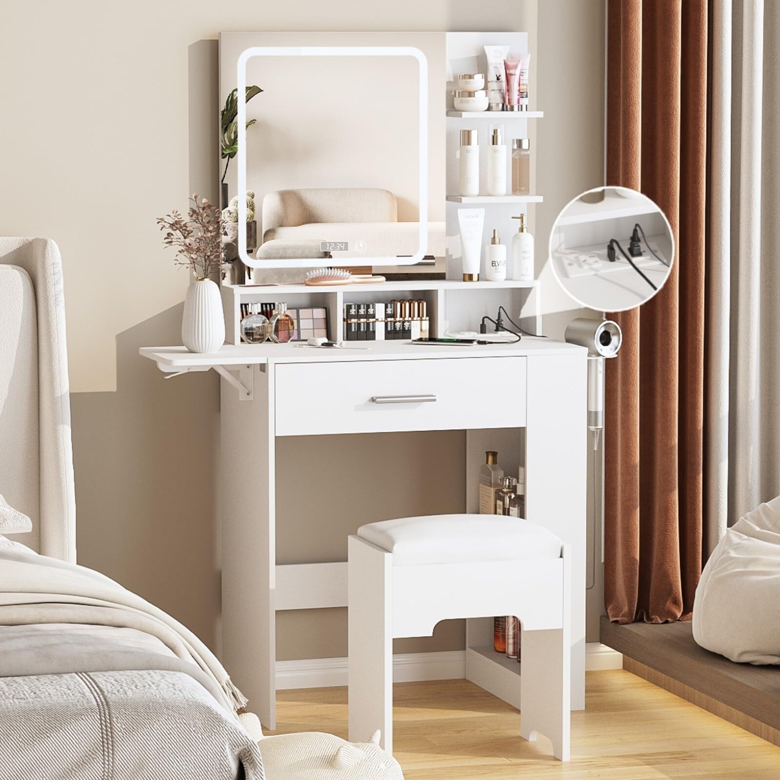 Vanity Desk with Mirror and Lights Small Makeup Vanity with Drawer Storage Shelves Vanity Table with Charging Station Bed Bath Beyond 41073480
