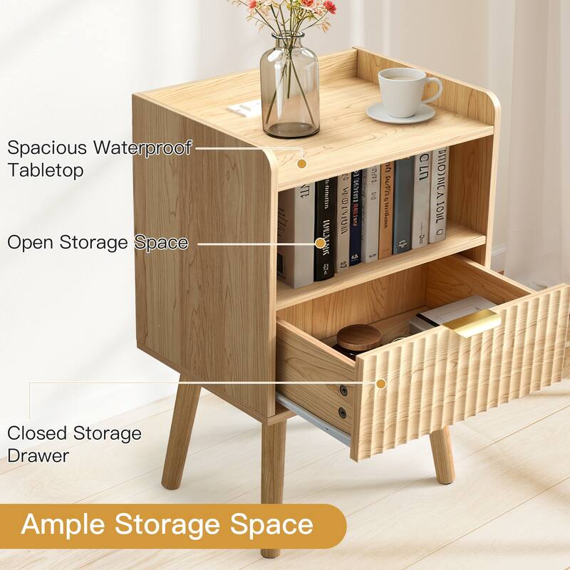 Modern Fluted Nightstand Set of 2 with USB Charging Station, Drawer and Open Storage Shelf