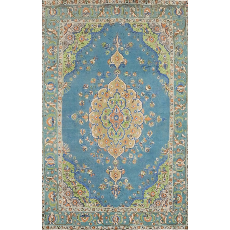 Hand Knotted Oriental 100% Wool Carpet Traditional Floral Navy Blue & Blues Tabriz Area Rug - 9' 2'' X 6' 8''