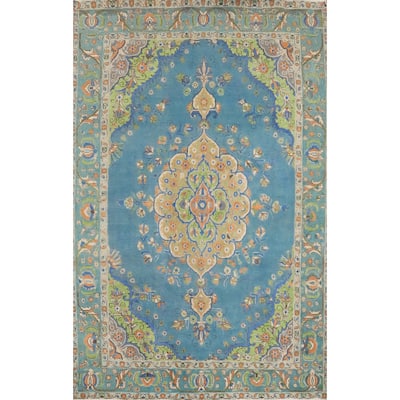 Hand Knotted Oriental 100% Wool Carpet Traditional Floral Navy Blue & Blues Tabriz Area Rug - 9' 2'' X 6' 8''