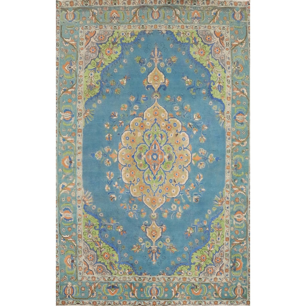 Hand Knotted Oriental 100% Wool Carpet Traditional Floral Navy Blue & Blues Tabriz Area Rug - 9' 2'' X 6' 8''