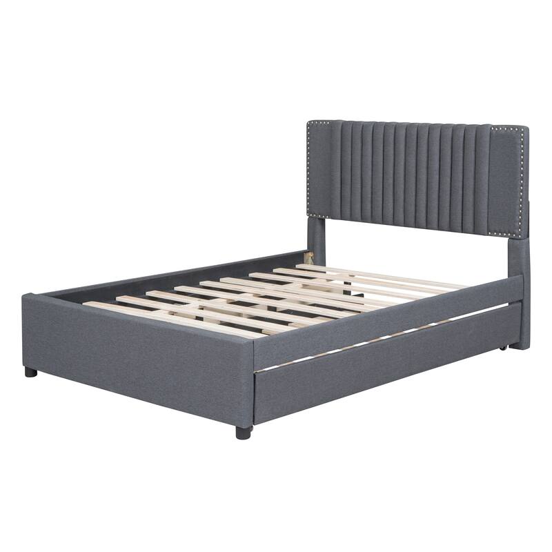 Full Size Upholstered Platform Bed with Drawers and Trundle, Gray