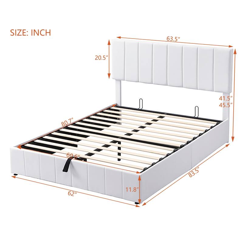 Queen Size Upholstered Platform Bed Frame with Hydraulic Lift Storage, Linen Fabric Headboard & Solid Wood Slat Support