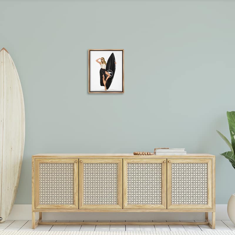 Stupell Trendy Surfer Girl in Black Framed Floater Canvas Wall Art Design By Ziwei Li