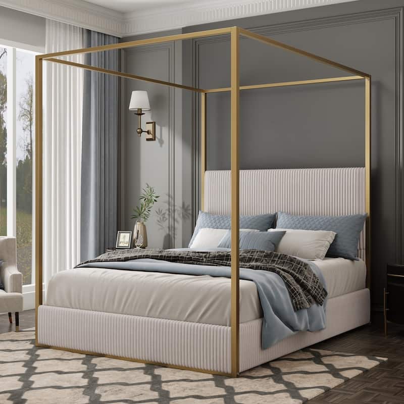 Modern Luxury Metal Canopy Bed with Tall Upholstered Headboard - Beige,Gold - King