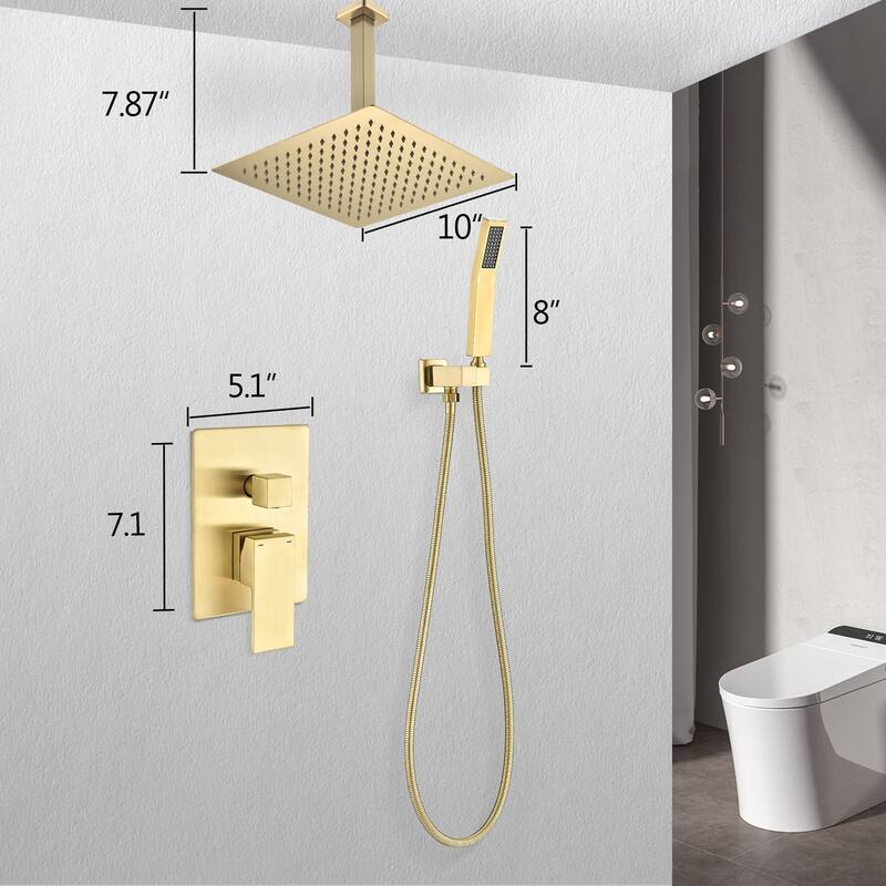 Topcraft Ceiling Mount Rainfall Shower System with Handheld Showerhead - 10*10