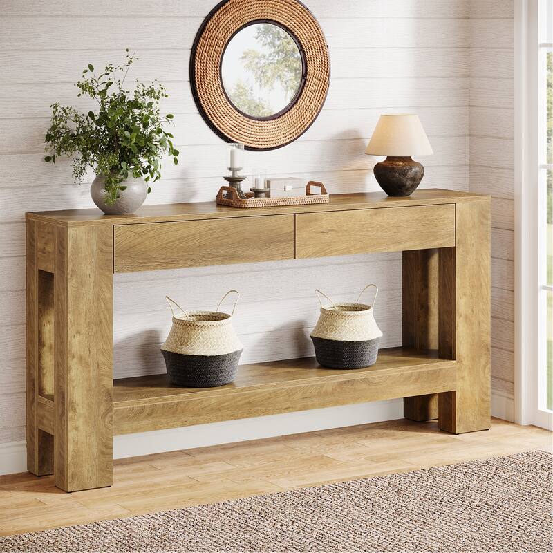 63” Console Table Behind Couch with 2 Storage Drawers