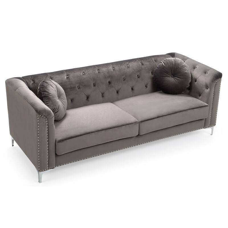 Tufted Nailhead Trim Velvet Sofa with Throw Pillows - 83" - Dark Gray