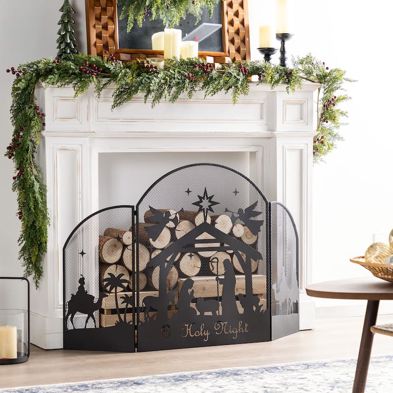 Glitzhome 29.75"H Christmas Metal Mesh Silhouette Nativity Scene Screen - Black