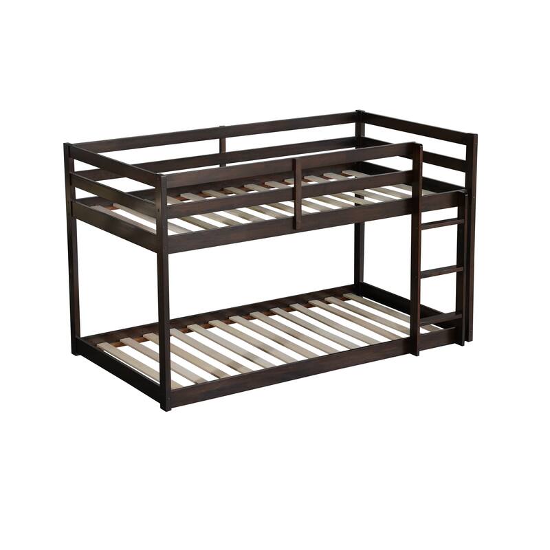 Solid Wooden, Solid Rubber Wooden Twin over Twin Floor Bunk Bed with Ladder, with Strengthened Slats
