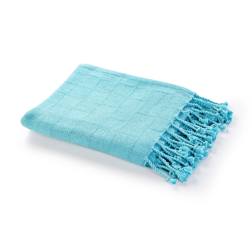 HomeRoots 50" X 60" Blue Woven Cotton Throw Blanket with Fringe