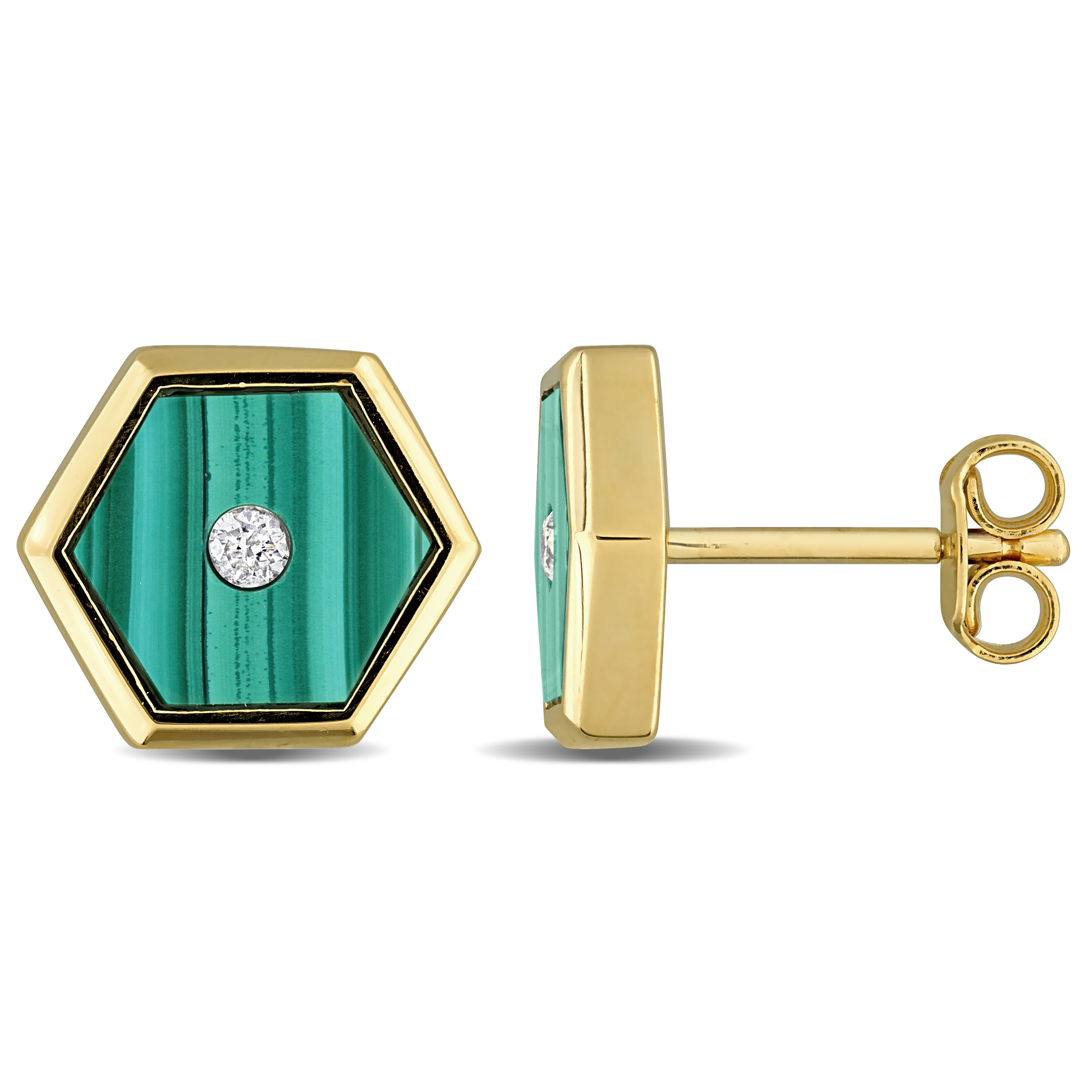 Miadora Malachite and Diamond Accent Hexagon Stud Earrings Yellow Silver 1/10ct TDW