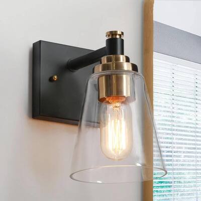 Modern Black Gold 1-Light Bathroom Wall Sconces with Clear Glass