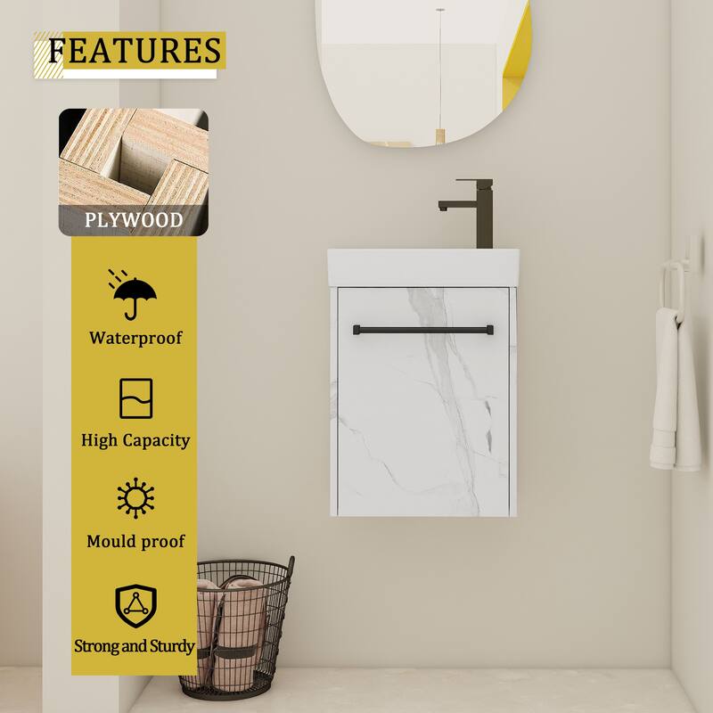 16" Wall-Mounted Bathroom Vanity with Carrara White Ceramic Sink, Soft-Close Doors, and Ample Storage