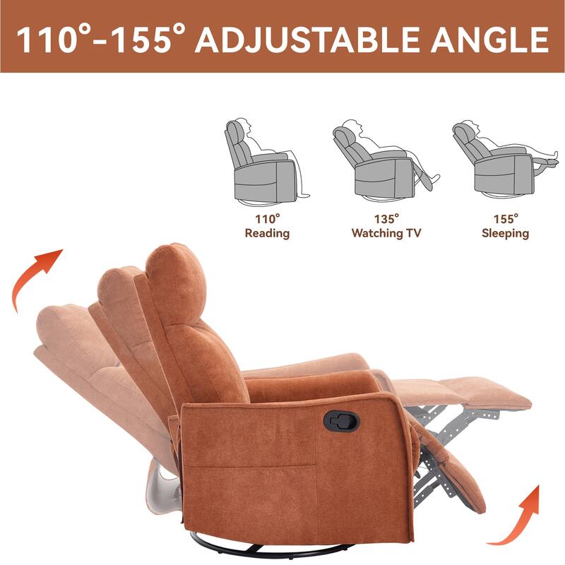 Roomfitters Swivel Rocker Recliner Chair, Manual Massage Glider Armchair with Heat & Vibration, Fabric Living Room Sofa
