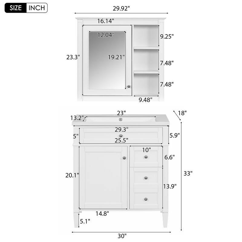GDFStudio - Montvale Modern Freestanding Bathroom Vanity Set with Mirror Cabinet, Resin Sink & a Tip-out Drawer - 30'W