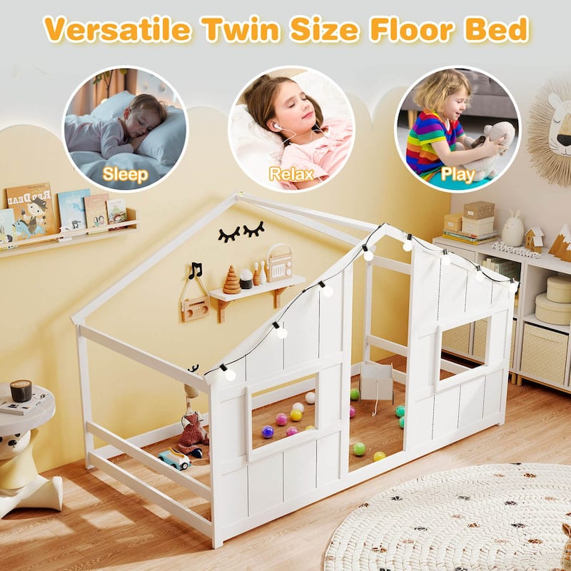 Costway Twin Size House Floor Bed with LED Lights Solid Wood Bed Frame
