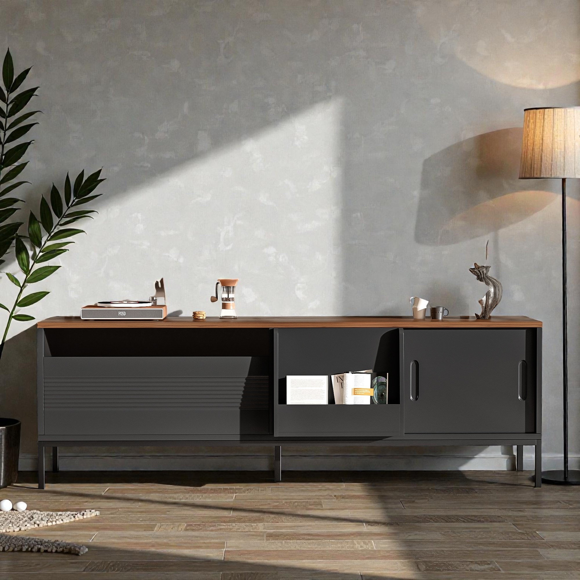 70.8 Inch TV Stand for TVs up to 75 Inch, Media Console with Sliding Doors, Adjustable Shelves, Drawer, Storage Cabinet